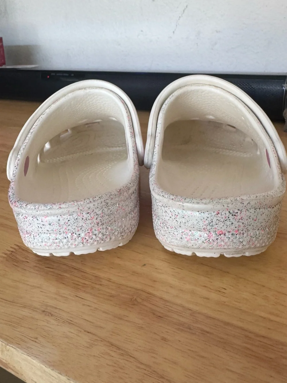 CROCS Kids Glitter Clogs in White with Pink & Silver Sparkle